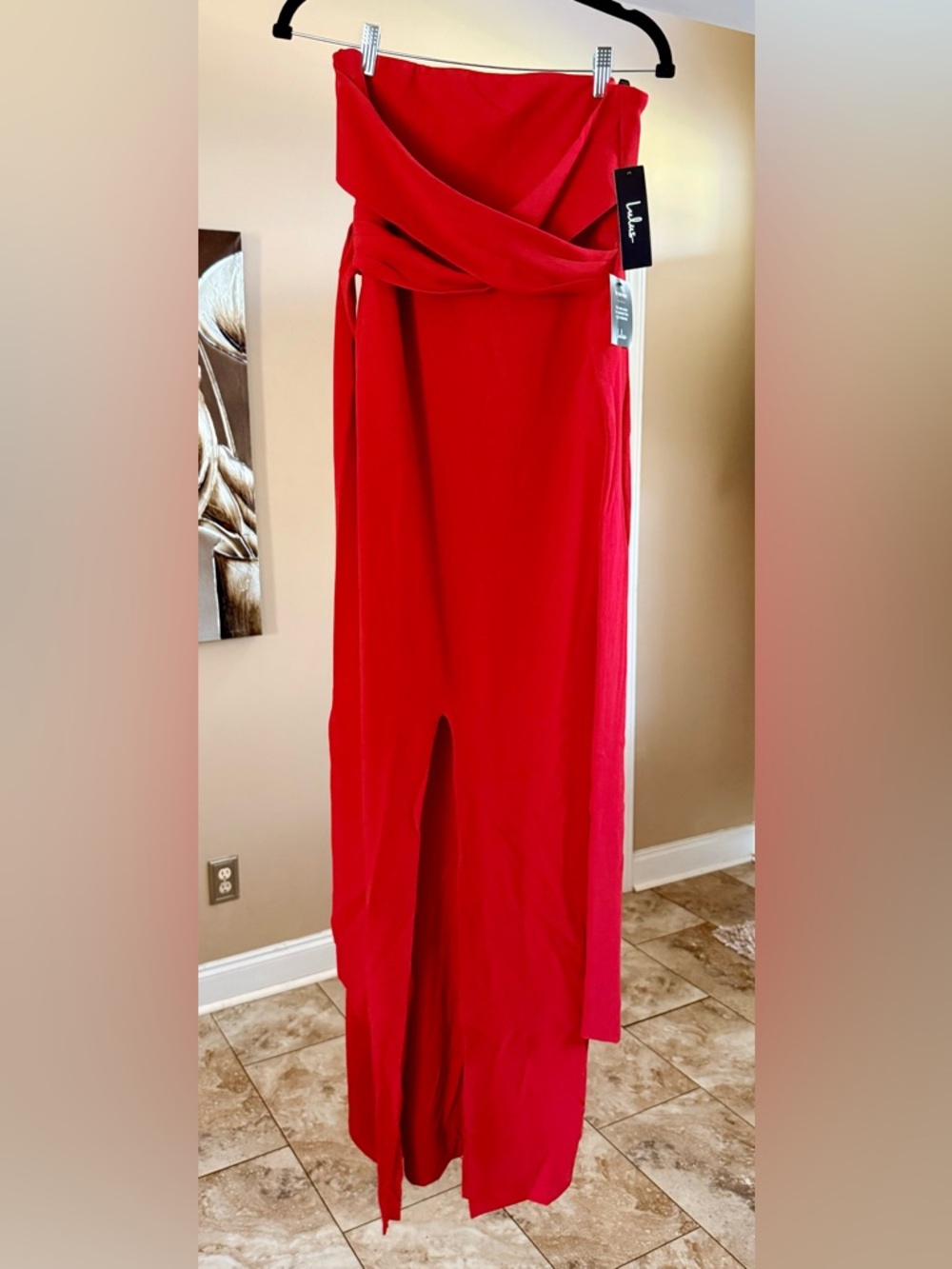 Lulu's Vibrant Red Strapless Maxi Dress with Front Slit